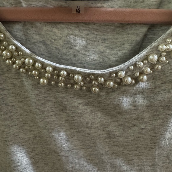 Karl Lagerfeld Light Gray Pearl-Accented Short Sleeve Top - Picture 2 of 3